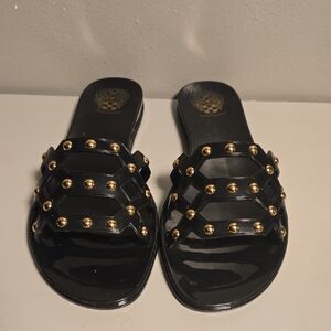 Vince Camuto Black and Gold Slide Sandals